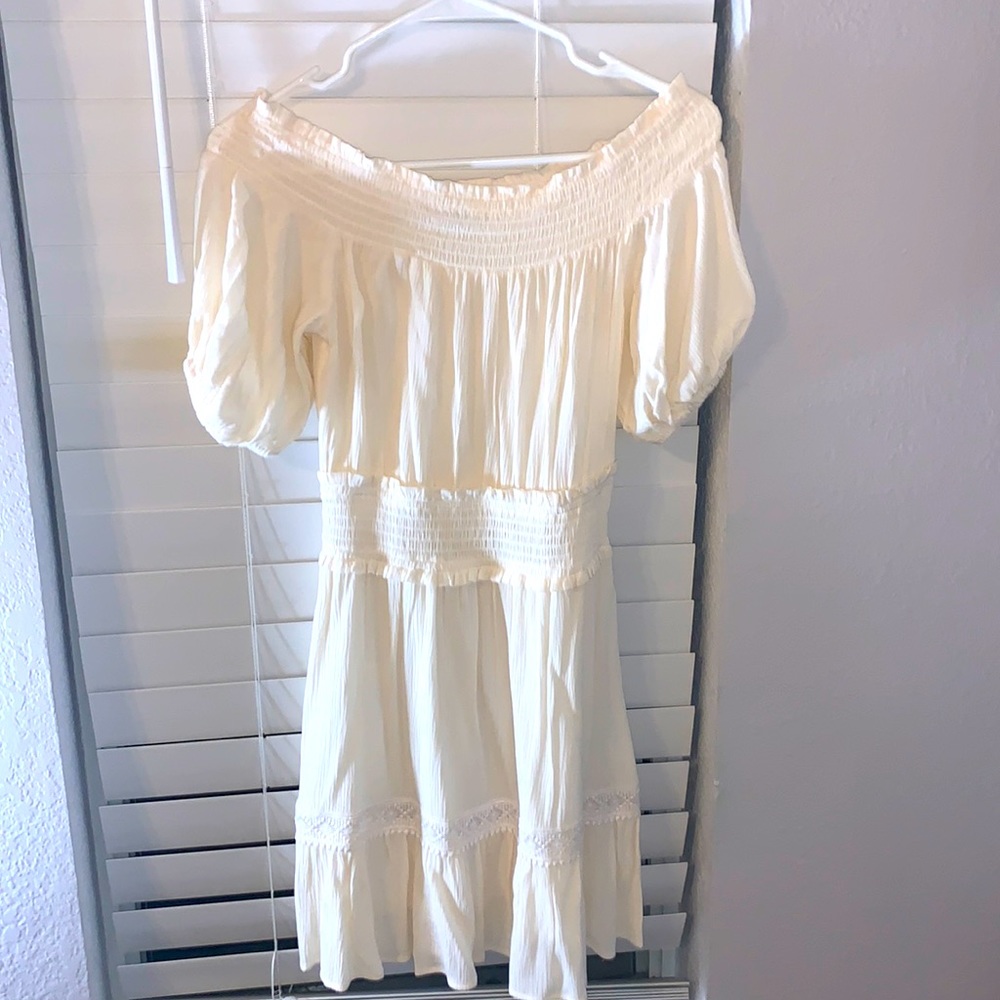 Express cream colored off the shoulder dress